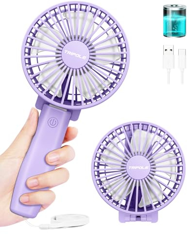 TriPole Handheld Fan Rechargeable Battery Operated Foldable USB Fan, Personal Pocket Fans, 3-Speed Mini Handheld Desk Fans, 180° Adjustable Portable Fan for Indoor, Camp, Sport, Shop, Purple