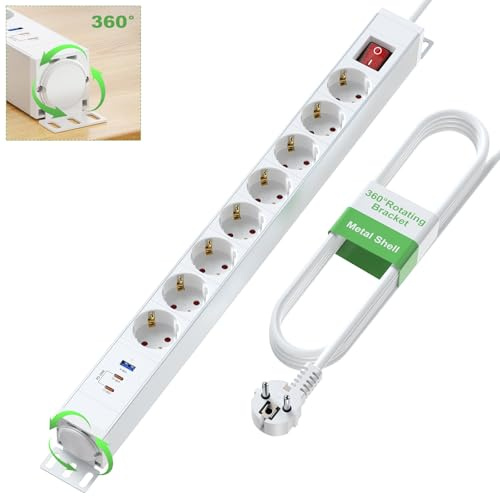 8 Fach Steckdosenleiste mit 2 USB-C PD20W, 8-Fach Mehrfachsteckdose mit Überspannungsschutz, 360°-Drehständer, Steckdosenleiste Wandmontage mit Schalter und Metallgehäuse, 1.8M Kabel, 16A/4000W, Weiß