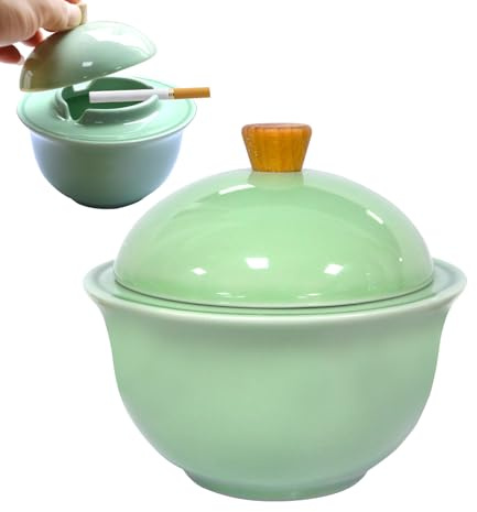 Ezitruz Posacenere in ceramica con coperchio, posacenere per esterni, colore verde chiaro, per interni ed esterni, decorazione per la casa (12,4 x 11,5 x 6,7 cm)
