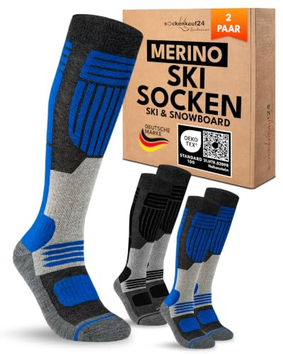 sockenkauf24 Calze da Sci Uomo Lana Merino 2 Paia 39-42 Nero/Blu