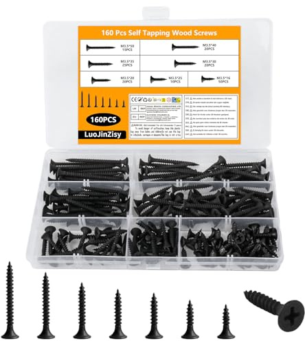 160 Pcs M3.5 Black Flat Countersunk Self Tapping Wood Screws Set | Cross head assorted mixed fasteners for drywall, furniture and DIY repairs. Ideal home improvement hardware assortment.