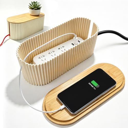 Cable Tidy Box Large Cable Management Box with Bamboo Lid 33×13×11cm | Power stripe Tidy Boxes Desktop Cords Management For Hiding Messy Cables Wire Management from TVs Computers and Desks
