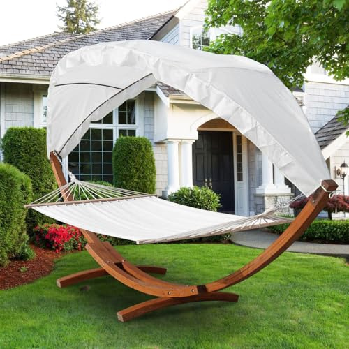 Monucep Amaca da giardino con supporto in legno, amaca matrimoniale 2 posti con parasole, fino a 200 kg, resistente alle intemperie, per balcone, terrazza e giardino
