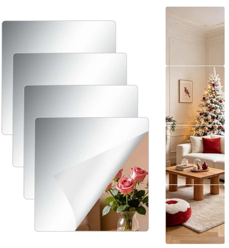 AKONE 4 Stück Selbstklebend Acryl Spiegel 25 x 25 cm 15 mm Dicke HD Klar Bruchsicher Wandspiegel Set Zusammensetzbar zu Einem Ganzkörperspiegel für Schlafzimmer Badezimmer