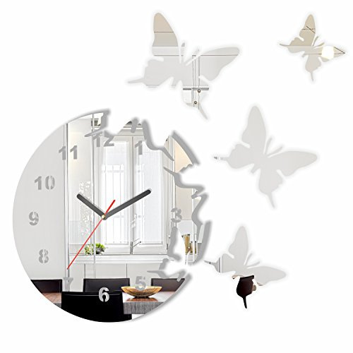 FLEXISTYLE z4c_0 Große Moderne Wanduhr Schmetterling Spiegel rund 30cm, 3D DIY, Wohnzimmer, Schlafzimmer, Kinderzimmer