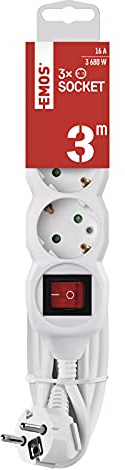 EMOS - 3-fach Steckdosenleiste 3m mit Schalter - 3 Schuko-Steckdosen 45° gedreht - 250 V, 16 A, 3680 W - PVC-Isolierung - H05VV-F3G 1,5 mm2 - erhöhter Berührungsschutz - IP20 für Innen - weiß