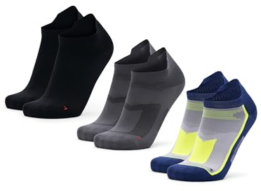 DANISH ENDURANCE Calzini da Running Uomo Donna Corti, Calze da Corsa Anti Vesciche, Tecnici e Sport, 3 o 5 Paia, Multicolore (1x nero, 1 x grigio, 1 x blu/giallo fluo), 39-42