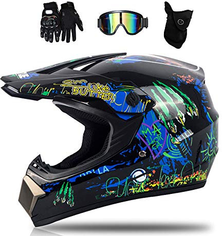 MRDEAR Casco Descenso Infantil con Gafas Máscara Guantes (4 Pcs, Dot) Graffiti/ Negro y Azul, Motocross Casco Moto Cross Adulto Niño para Enduro Downhill MX Quad Off Road ATV Scooter,L