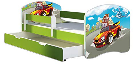 ACMA Kinderbett 160x80 Jugendbett mit Einer Schublade und Matratze, Farbe Grün, Rausfallschutz Lattenrost II Spielbett Kinderzimmer Möbel, 03 Racing Car