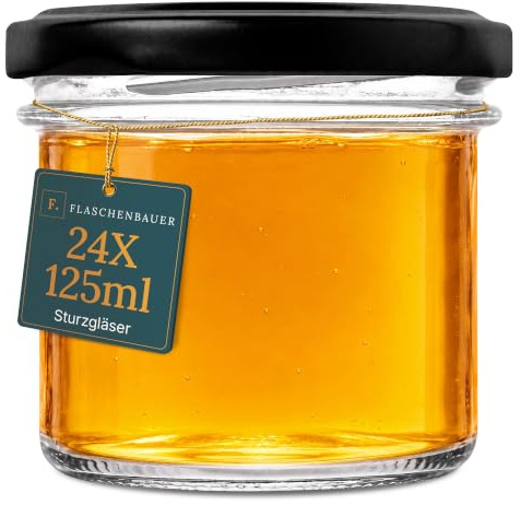 Flaschenbauer - 24x Sturzgläser 125ml - Einmachgläser mit Deckel, Schraubgläser, Marmeladengläser, Einkochgläser, Aufbewahrung von Tee & Kräuter, mit Twist-Off-Deckel, Made in Germany (Deckel Schwarz)