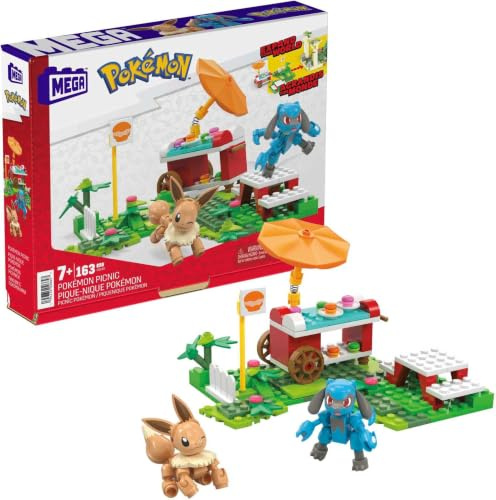 Mega Pokémon Figuren Bauset Picknick Abenteuer, 193 Teile, mit Evoli und Lucario-Figuren und Imbiss-Wagen, Pokémon Spielzeug, Spielzeug ab 7 Jahren, HDL80