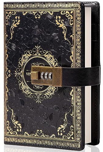 TIEFOSSI Vintage Leder Journal Notizbuch mit Zahlenschloss, B6 Geprägte Blume Geheimes Tagebuch Liniertes Papier zum Schreiben, Geschenk für Frauen Mädchen Kinder (Schwarz)