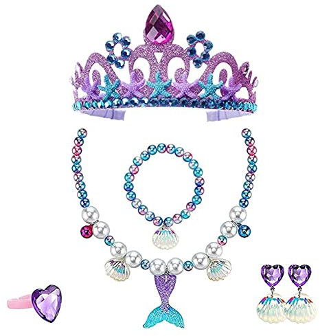 6 Pièces Ensemble de Bijoux de Sirène, Set de Bracelet Collier de Sirène, Parure de Bijoux Enfant Sirène Kits, avec Couronne, Collier, Boucles D'oreilles, Bracelet, Bague, Décoration Petite Fille