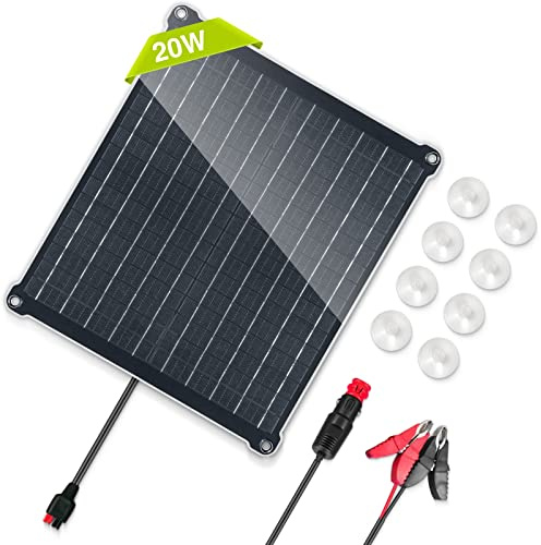 Newpowa 20 Watt 12V Solar Panel Car Battery Maintainer with Lighter Plug + Alligator Clips, Portable Trickle Charge Power for Motorcycle Boat Marine RV (20W Battery Charge Kit)