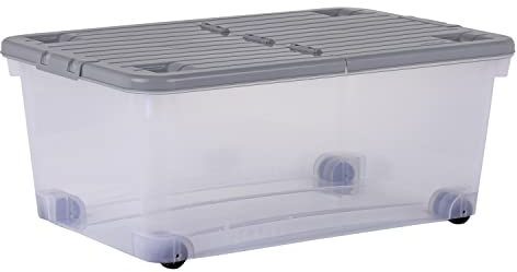 Wham Wheel 5 x 45L Plastic Storage Boxes with Folding Lid & Wheels | Ideal for Home, Office, Toys & More | Large Boxes | Made in UK - Clear/Cool Grey