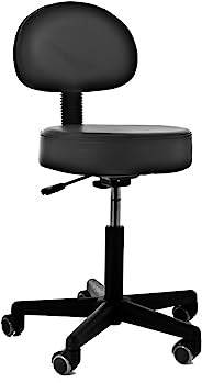 QUIRUMED Hocker mit Rückenlehne, Gaslift, mit 5 Rädern, Schwarze Farbe, hochdichte Kunstlederpolsterung, höhenverstellbar, bis zu 135 kg, Schwarz