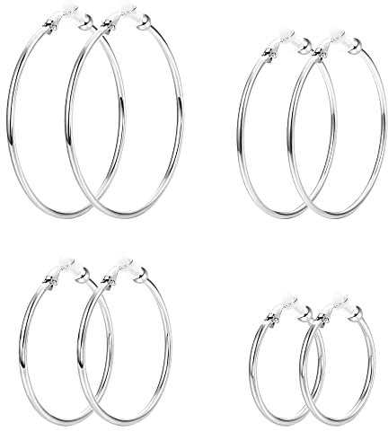 Kakonia 4 Paar Edelstahl Ohrclips Damen Ohne Ohrlöcher, Große Creolen für Nicht Durchstochene Ohren, Ohrklipser Ohrclips Mädchen Silber Gold Creolen Set Clip Ohrringe, 30/40/50/60mm