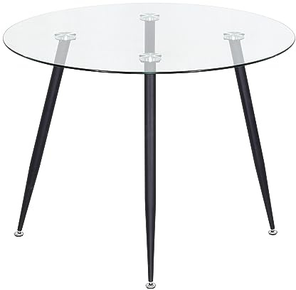 MOG CASA Mesa de Comedor Fija Redonda Corin | 100 x 100 x 75 cm | Ideal para Cocina o Salón | Ideal para 3 a 4 Personas | Tablero de Cristal Transparente | Patas de Metal en Negro