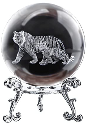 ZEERSHEE 60mm 3D Tigers Crystal Ball with Stand Glass Laser Engraved Tigers Ball Figurine Decorative Glass Ball Paperweights for Home Office Gift for Mom Grandma