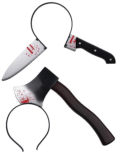 JNAWA 2Pcs Bloody Sharp Knife Axe Headband Halloween Scary Props Scissors Axe Through Head Horror Joke Toys for Halloween Costume Accessories