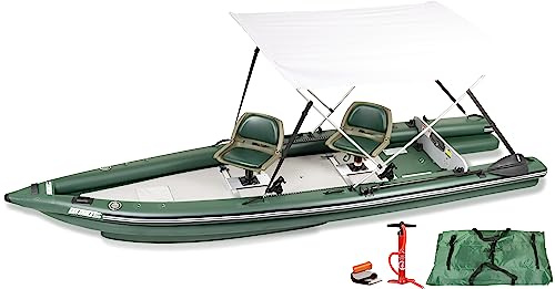 Sea Eagle FSK16 FishSkiff Inflatable 16', High Pressure, Drop-Stitch, 1-3 Person Frameless Fishing Boat w/Rigid 6” External Keel-Portable, Storable & Transportable (FSK16 2 Person Swivel Seat Canopy)