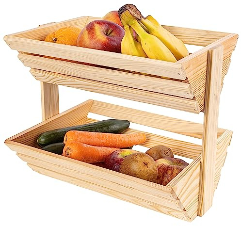 Creative Home Corbeille à Fruits en Bois à Deux Étages | 36 x 28 x 30 cm | Panier de Fruits | Support de Rangement | Fruits Légumes | Stockage et Organisation | Décoration Cuisine
