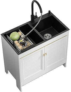 Mueble Fregadero Cocina 2 Senos,Fregadero Acero Inoxidable Multifuncional,Fregadero Camper,Fregadero Exterior Jardin,con Grifo Extraíble,Dosificador de Jabón,Escurridor,Componentes De Drenaje ( Color