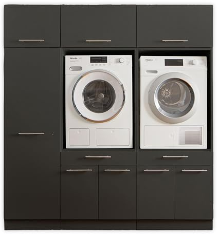 Laundreezy 2X Waschmaschinenschrank, Mehrzweckschrank und 3X Schrankaufsatz, Anthrazit - Waschmaschinen-Überbauschrank TÜV-Zertifiziert mit viel Stauraum - 185 x 200 x 67,5 cm (B/H/T)