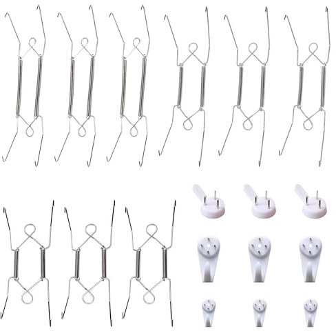 9 Ganchos para Platos de Acero Inoxidable - Soporte de Pared de Plástico para Platos Decorativos y de Cena - Almacenamiento y Exhibición