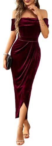 Kuukaas Ruched Bodycon Maxi Dress Velvet Wrap Dress Sleeveless for Cocktail Party Wine red Dresses for Women UK Elegant Formal Dresses Off Shoulder for Special Occasions XL