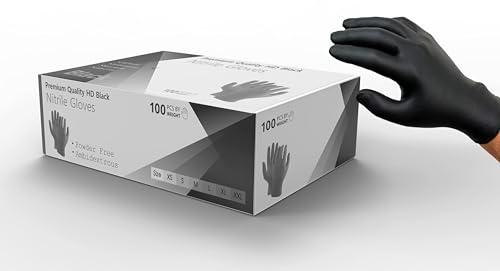 100 Strong HD Lot de 100 gants d'examen jetables en nitrile noir - Sans poudre - Sans latex - Pour le domaine médical, alimentaire, mécanique, industriel, cheveux et beauté, nettoyage - Noir - Taille