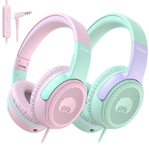 RockPapa Share 2 Pack Kinder Kopfhörer, 85dB/94dB Lautstärkebegrenzung Mit Mikrofon, Sharing-Funktion, Faltbar Over-Ear für Schule, Travel (Grün Lila/Rosa)