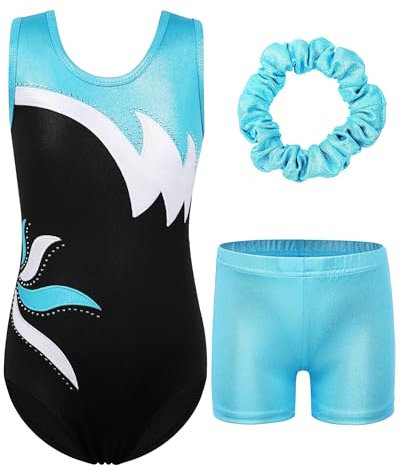 ZNYUNE Mädchen Turnanzug mit hose Haarband Set gymnastikanzug Kinder Shorts trikot turnen Ärmellos/Langarm Kleidung klassisch Turnbody B208 BlackAqua 14A
