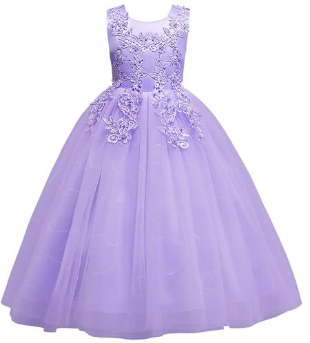 L SERVER Vestito da festa ragazza senza maniche abito da principessa per bambini in rete abiti con papillon abiti da sera eleganti, lilla chiaro, 6-7 Anni