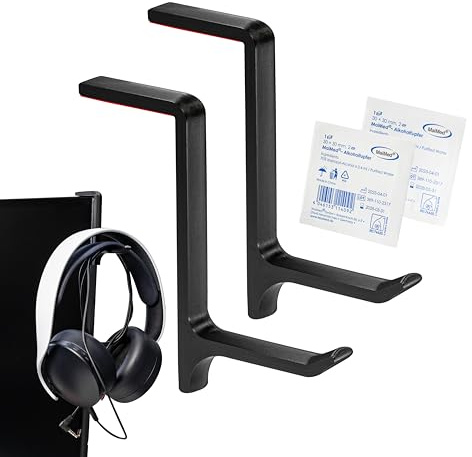 STEKIS Headset Halterung für Monitor & Bildschirm – 2er Set Kopfhörer Haken (Large) – für breite Headsets – Schwarz – inkl. Reinigungstuch