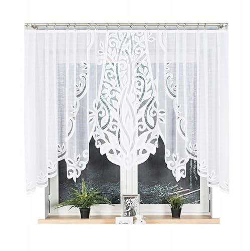 Gardinen Vorhangen Weiß 250x130 cm (BxH) Pola Kurz Jacquard Gardinen mit Kräuselband Scheibengardine Wohnzimmer Vorhänge Florales Motiv Küchengardinen Stores Gardinenschals Kurzstores