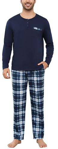 Irdcomps Schlafanzug Herren Lang Pyjama Baumwolle Zweiteilige Nachtwäsche Set Männer Winter Rundhals mit Brusttasche