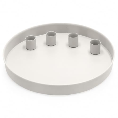 MIJOMA - Rundes Metall-Tablett Ø25cm, Ideal für Advent & Alltagsdekoration, Pulverbeschichtet, Mit 4 Magnetischen Stabkerzenhaltern für Kerzen Ø2cm, Individuell Arrangierbar (Weiß)