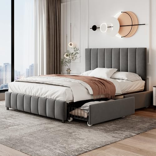 4ft6 Double Bed Frame Upholstered Platform Bed with 4 Storage Drawers&Adjustable Channel Tufted Headboard, Velvet Fabric, Sturdy Metal-Wood Support, No Box Spring Needed, Easy Assembly,Grey Double Bed
