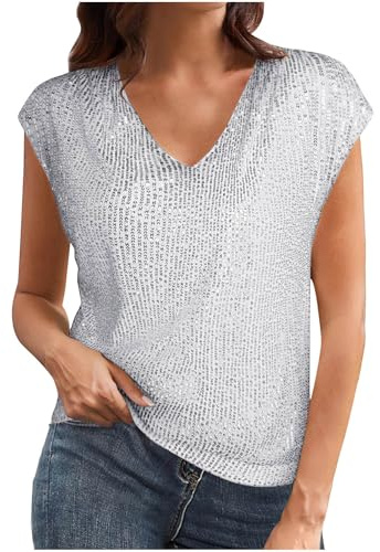 Dyhxuan Lentejuelas Tops Mujer Sexy Cuello de Pico Camiseta Manga Corta Club Camiseta Brillante Tops para Fiesta Cóctel Camiseta Festiva Camiseta Brillante Moda Brillante Blusa Brillante, Blanco, XXL