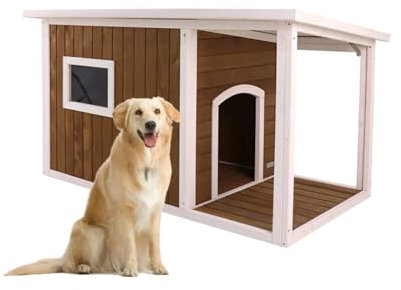 Hundehütte Outdoor Große Hunde Wetterfest mit Balkon Hundehaus für Drinnen Holz mit Fenstern zu Öffnendes Dach Hundehöhle Kuschelhöhle Große Hunde