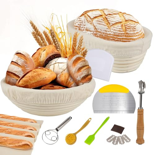 wesellcan Gärkorb,Gärkörbchen Set,2 Gärkörbchen für Brot, Rund&Oval Brotkorb Zum Backen,Sauerteig Starter Set,Mit 8 Brot Backen Zubehör (23cm Rund & 25 cm Oval Mit 8 Brot Backen Zubehör)