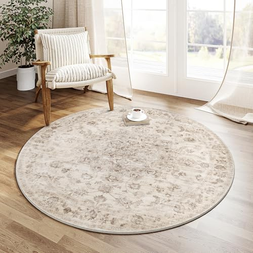 HUGEAR Vintage Rund Matta 120cm Beige Sovrum Halkfri Tvättbar Kort Lugg Runda Golvmatta Vardagsrum Sovrumsmatta Matsal Kontor Hall Barnrum Mattor