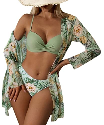 Bikini Damen Set, Badeanzug Damen Sexy, Bikinis 3 Teilig Bademode Bikinisets Bikini-Set Wickeloptik Bikinihose Grün Pink Boho Push Up Badebekleidung Curvy Teenager Mädchen Schwimmanzug