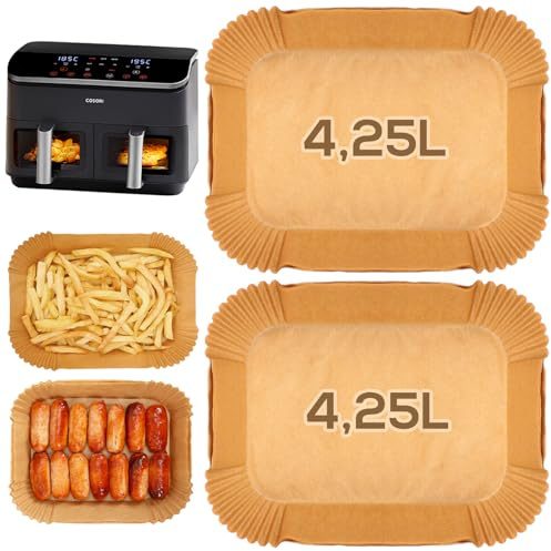 YQL Airfryer Backpapier für Cosori Heißluftfritteuse 2 Kammern 8,5L | Air Fryer Zubehör für Cosori CAF-R901-AEU Doppel-Heißluftfritteuse/Cookwise Dual Zone 9L, 100 Stück Air Fryer Einsatz