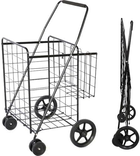Trolley Einkaufstrolley Klappbar, Transport Trolley, bis 60 kg, 118 l Kiste, Jumbo-Einkaufswagen mit Doppelkörben, Allzweckwagen für Lebensmittel, Wäsche, Bücher, Schwarz