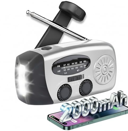 Wind Up Radio - Geevorks 2000mah Rechargeable Solar Portable Emergency Hand Crank Radios with AM/FM/WB NOAA Weather SOS Alarm Torch, USB Phone Charger for Camping Hiking, Red, Silver