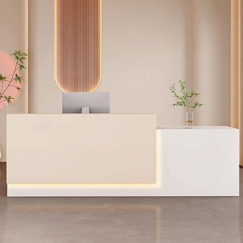 Moderner Empfangstresen mit Lichtstreifen, stilvoller Stehtresen für Büro & Kosmetikstudio, Thekentisch aus Holzwerkstoff (1,2 m, Weiß & Beige) – perfekt für kleine Unternehmen