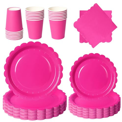 PYAILI Anniversaire Vaisselle de fete 96 Pièces Rouge Rosé Party Assiettes en Papier Set Assiettes de Fête Papier Tasses Serviettesr, pour Barbecue les Fêtes les Pique-niques -24 Invités
