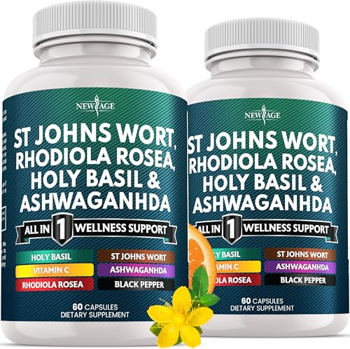 NEW AGE St Johns Wort, Rhodiola Rosea, Holy Basil, Ashwagandha - Support for Women and Men with Vitamin C & Black Pepper Extract - 120 Count